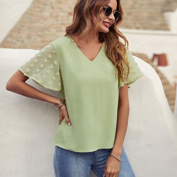 

Contrast Swiss Dot Sleeve Blouse, Lime green