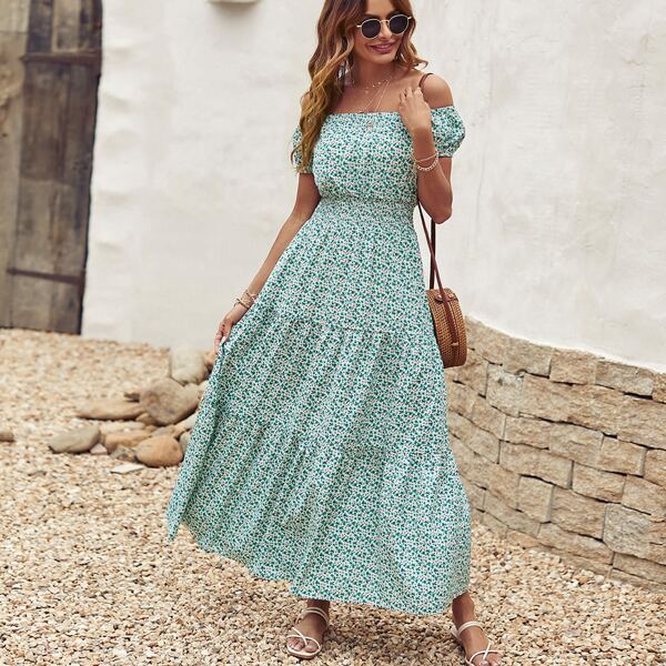 

Ditsy Floral Shirred Waist Bardot Dress, Mint green