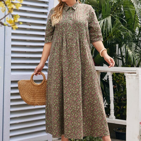 

Plus Collared Buttoned Seam Front Ditsy Floral Dress, Multicolor