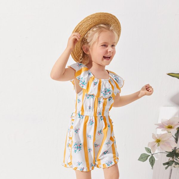 

Toddler Girls Scallop Trim Foldover Front Floral and Striped Romper, Yellow