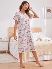 Allover Flamingo Print Tee Dress - White - View 1