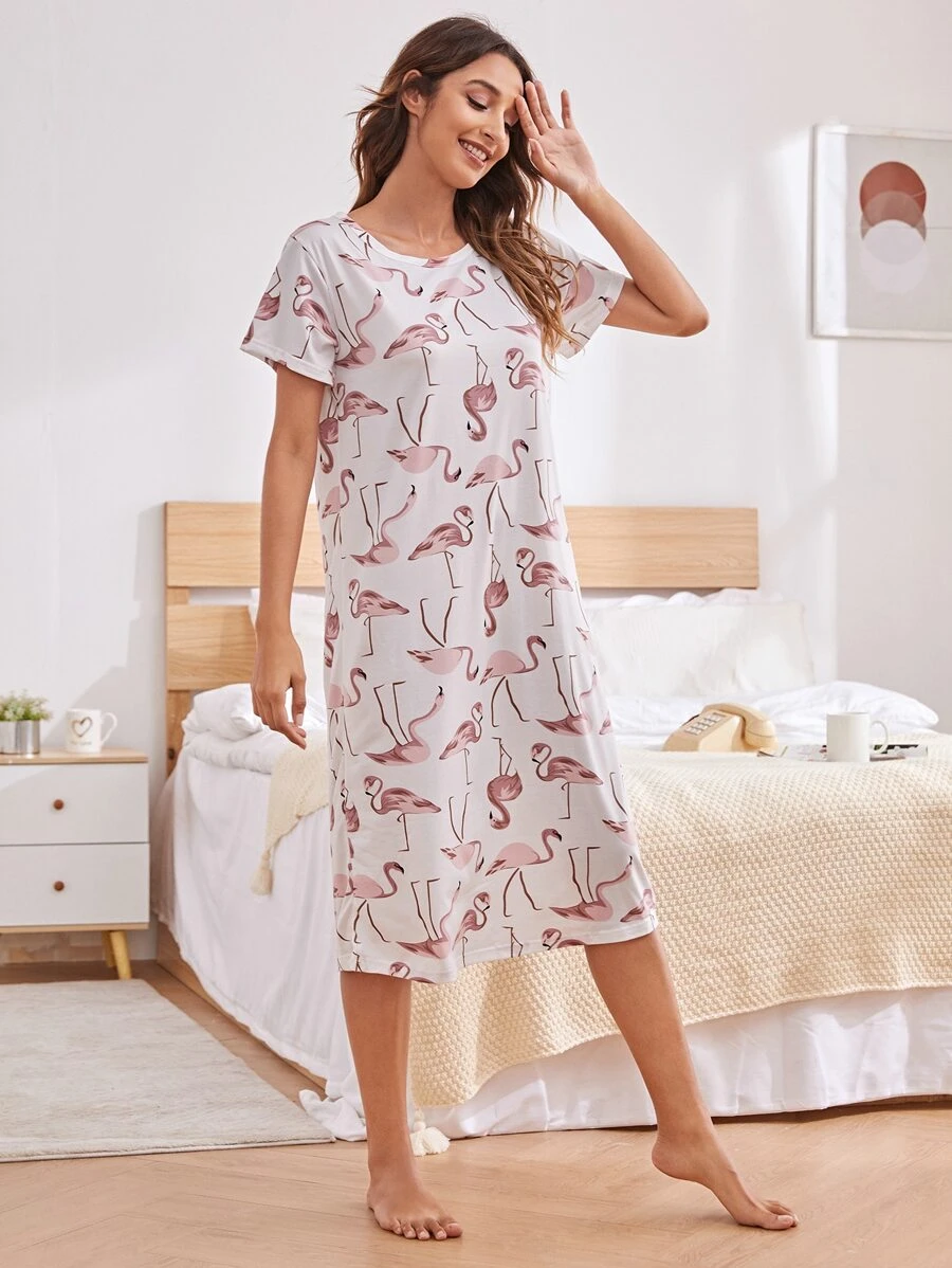 Allover Flamingo Print Tee Dress - White - View 1