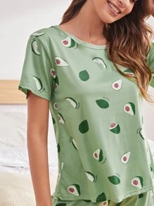 Avocado And Letter Graphic Pajama Set - Green - View 5