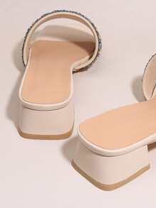 Rhinestone Decor Chunky Heeled Mules - Beige - View 3