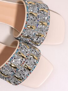 Rhinestone Decor Chunky Heeled Mules - Beige - View 4