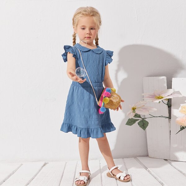

Toddler Girls Ruffle Armhole Peter Pan Collar Top & Skirt Set, Dusty blue
