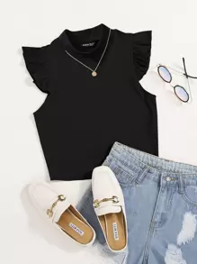 SHEIN Essnce Solid Rib Knit Ruffle Trimed Top - Black - View 1