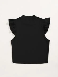 SHEIN Essnce Solid Rib Knit Ruffle Trimed Top - Black - View 2