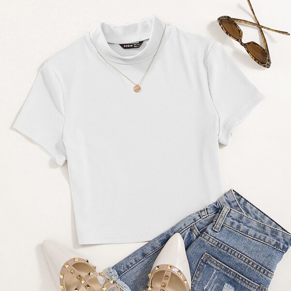 

Mock Neck Rib Knit Tee, White