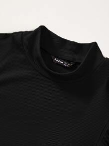 SHEIN Essnce Solid Rib Knit Ruffle Trimed Top - Black - View 3