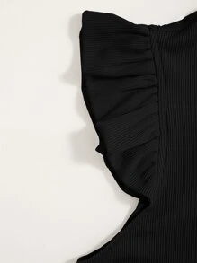 SHEIN Essnce Solid Rib Knit Ruffle Trimed Top - Black - View 4