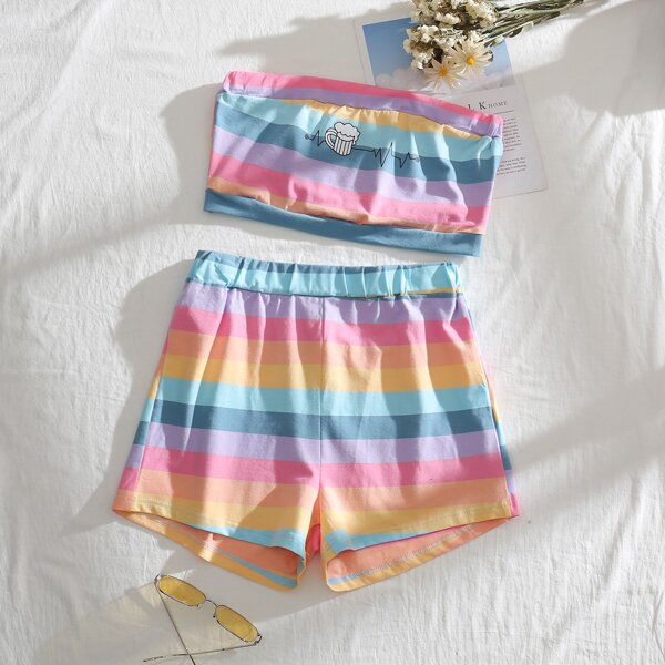

Letter & Cartoon Graphic Tube Top and Rainbow Striped Shorts Set, Multicolor