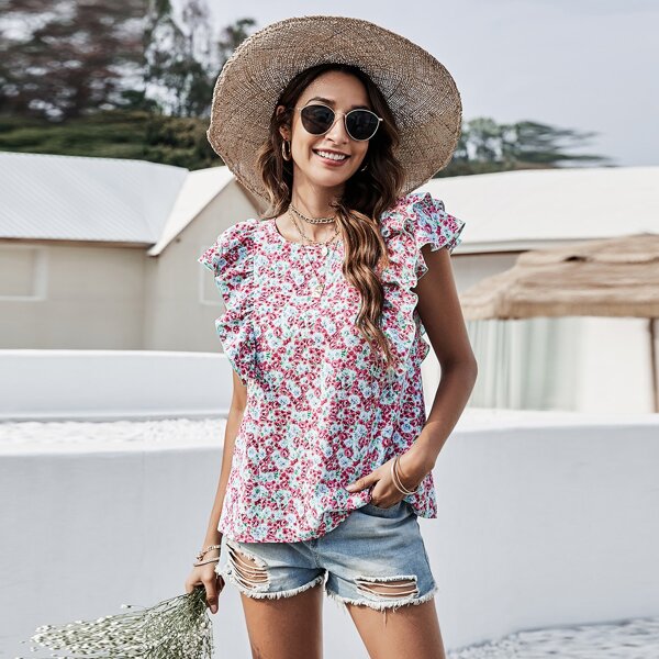 

Ruffle Trim Allover Floral Print Top, Multicolor