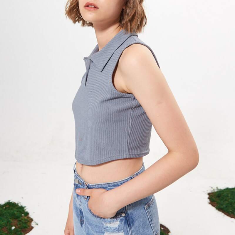 

Polo Neck Ribbed Tank Top, Dusty blue
