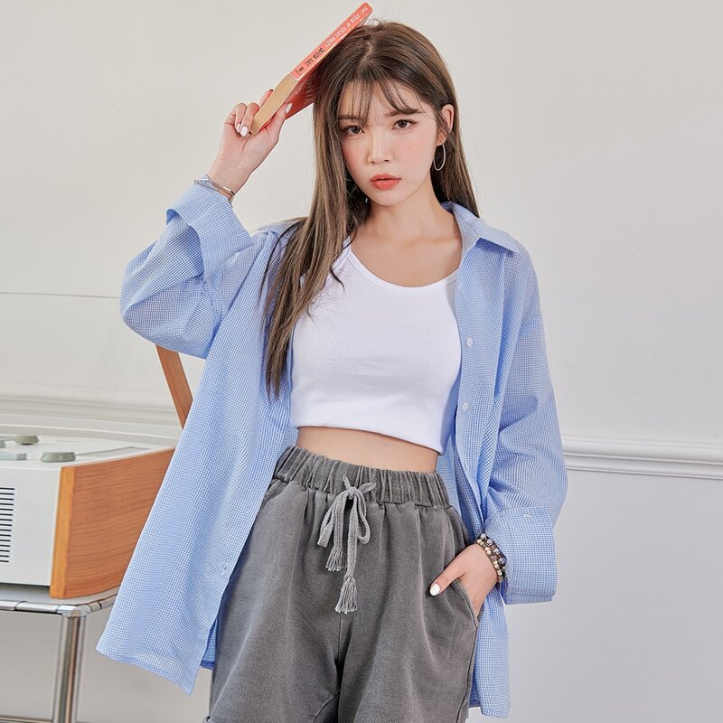 

Gingham Drop Shoulder Blouse, Baby blue