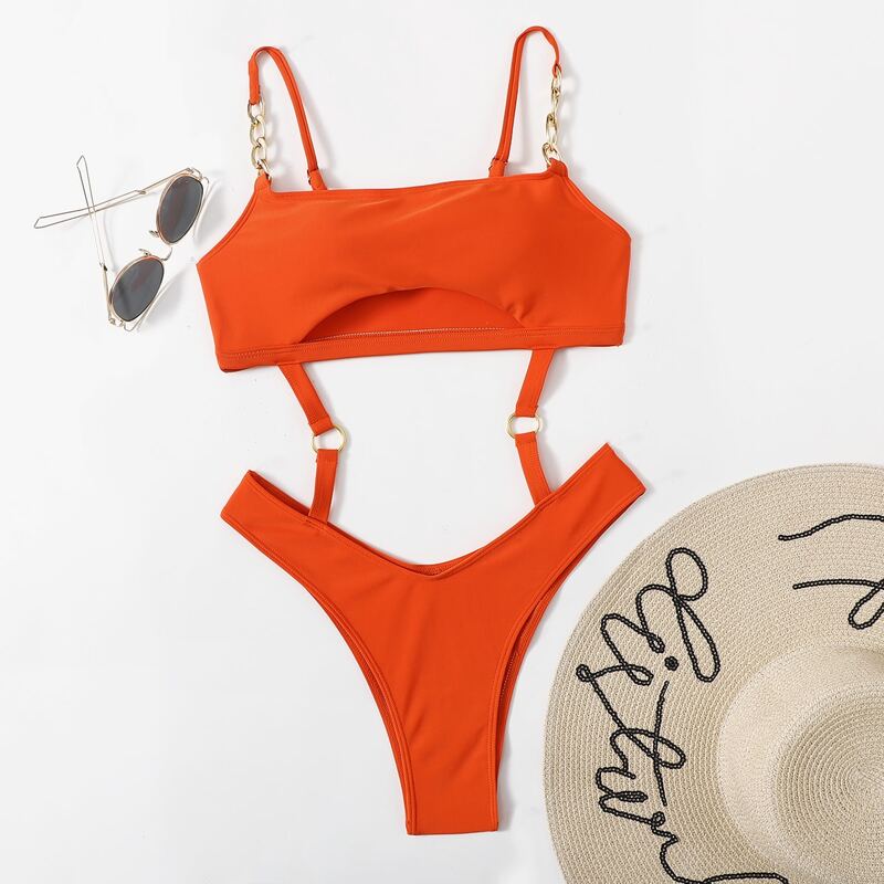 

Solid Chain Cut Out Ring Decor One Piece Swimsuit, Orange