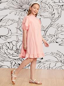 SHEIN Vestido De Cuello Alto Con Manga Abullonada Y Dobladillo Con Volantes Para Niñas - Rosa Pálido - Ver 2