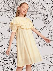 SHEIN Vestido De Manga Puff Con Ribete De Volantes Para Niñas - Beis - Ver 1