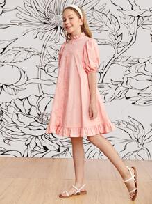 SHEIN Vestido De Cuello Alto Con Manga Abullonada Y Dobladillo Con Volantes Para Niñas - Rosa Pálido - Ver 4