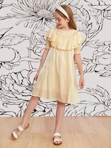 SHEIN Vestido De Manga Puff Con Ribete De Volantes Para Niñas - Beis - Ver 3