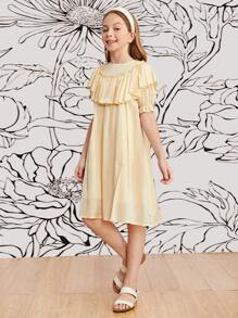 SHEIN Vestido De Manga Puff Con Ribete De Volantes Para Niñas - Beis - Ver 4
