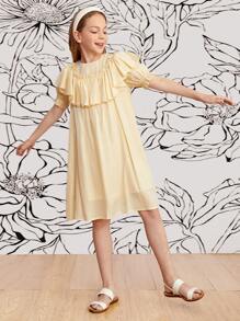 SHEIN Vestido De Manga Puff Con Ribete De Volantes Para Niñas - Beis - Ver 5