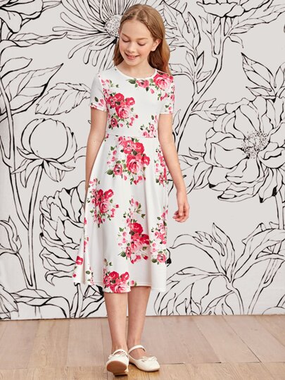 SHEIN Girls Round Neck Floral Print Dress