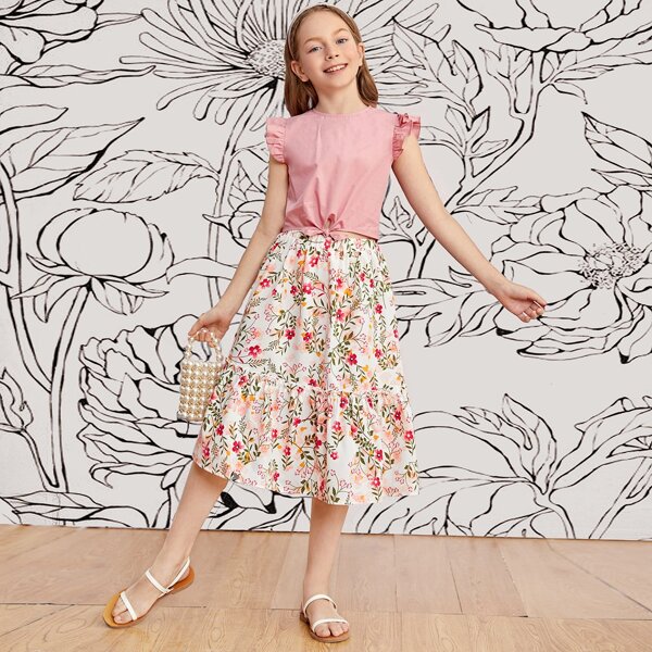 

Girls Ruffle Armhole Tie Hem Top & Floral Skirt Set, Multicolor