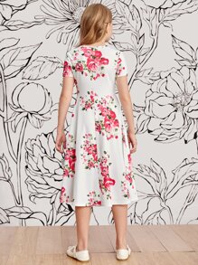 SHEIN Girls Round Neck Floral Print Dress - White - View 2