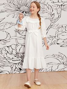 SHEIN Girls Ruffle Trim Belted Flounce Sleeve Dress - White - View 3