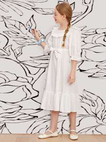 SHEIN Girls Ruffle Trim Belted Flounce Sleeve Dress - White - View 4