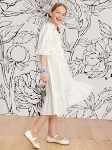 SHEIN Girls Ruffle Trim Belted Flounce Sleeve Dress - White - View 5