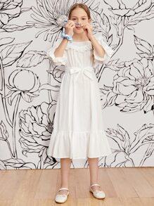 SHEIN Girls Ruffle Trim Belted Flounce Sleeve Dress - White - View 6