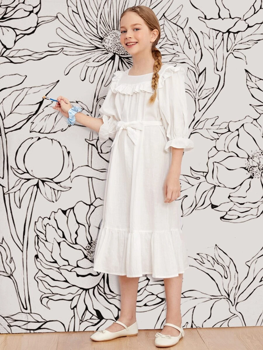 SHEIN Girls Ruffle Trim Belted Flounce Sleeve Dress - White - View 1