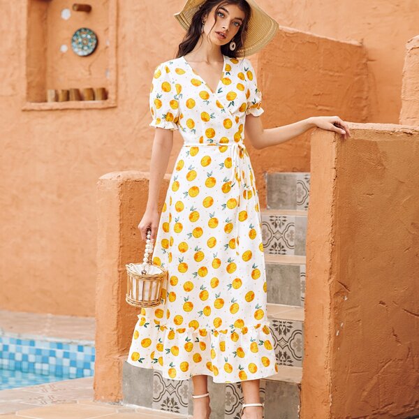 

1pc Allover Fruit Print Surplice Front Ruffle Hem Belted Dress, Multicolor