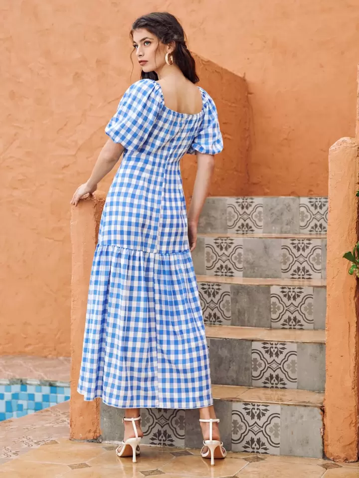 Is That The New 1pc Blue And White Gingham Covered Button Milkmaid Dress  ??| ROMWE