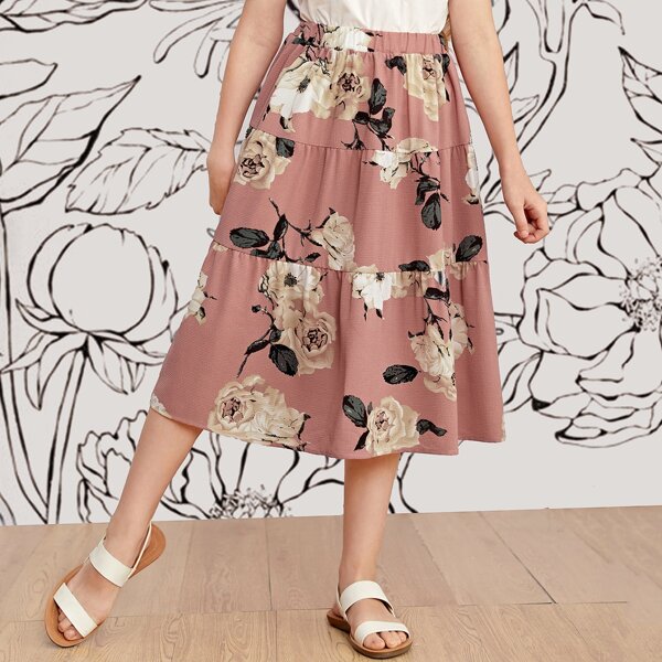 

Girls Ruffle Hem Floral Print Skirt, Dusty pink
