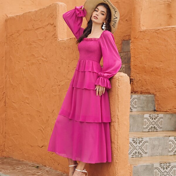 

1pc Shirred Square Neck Layered Hem A-line Dress, Hot pink