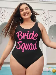 Plus Letter Graphic One Piece Swimsuit - Black - View 1