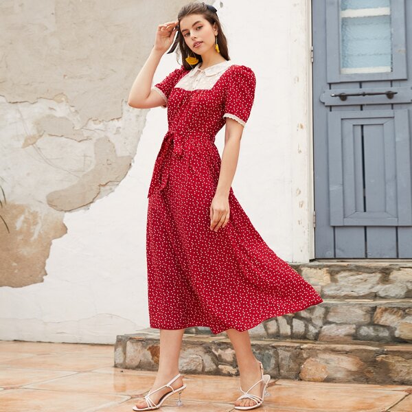 

1pc Confetti Heart Print Peter Pan Collar Puff Sleeve Belted A-line Dress, Rose red