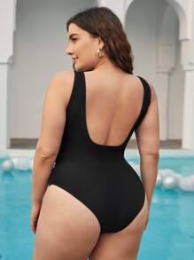 Plus Letter Graphic One Piece Swimsuit - Black - View 2