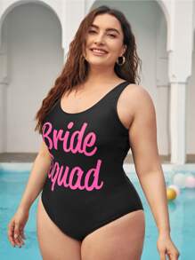 Plus Letter Graphic One Piece Swimsuit - Black - View 3
