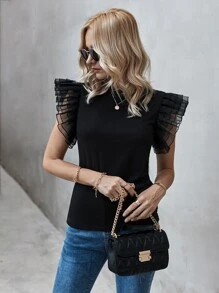 Exaggerated Ruffle Solid Tee - Black - View 1