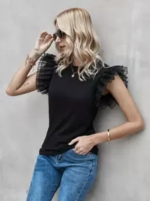 Exaggerated Ruffle Solid Tee - Black - View 3