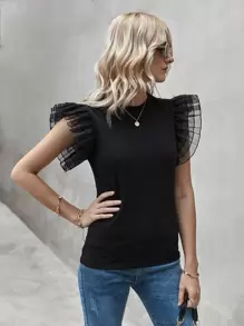 Exaggerated Ruffle Solid Tee - Black - View 4