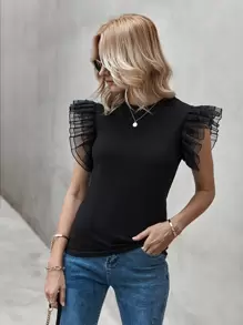 Exaggerated Ruffle Solid Tee - Black - View 5