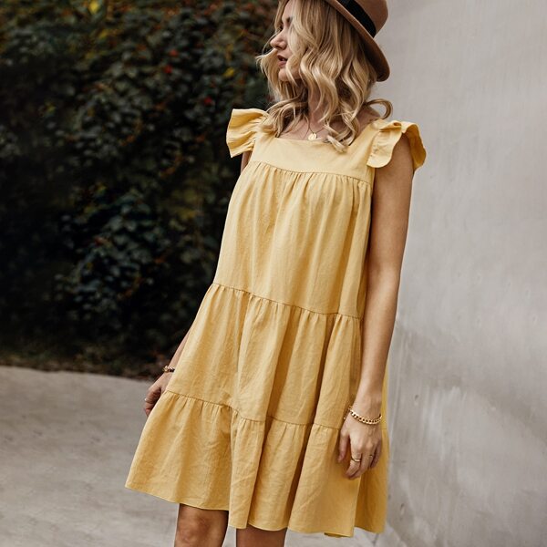 

Solid Ruffle Hem Smock Dress, Mustard yellow
