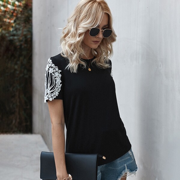 

Guipure Lace Panel Pearls Beaded Tee, Black