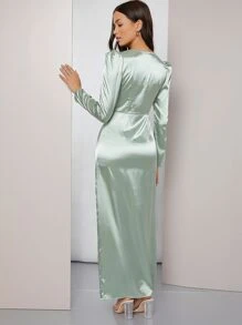 Modelyn 羊腿袖抽褶開衩緞面洋裝 - 薄荷綠 - 查看 2
