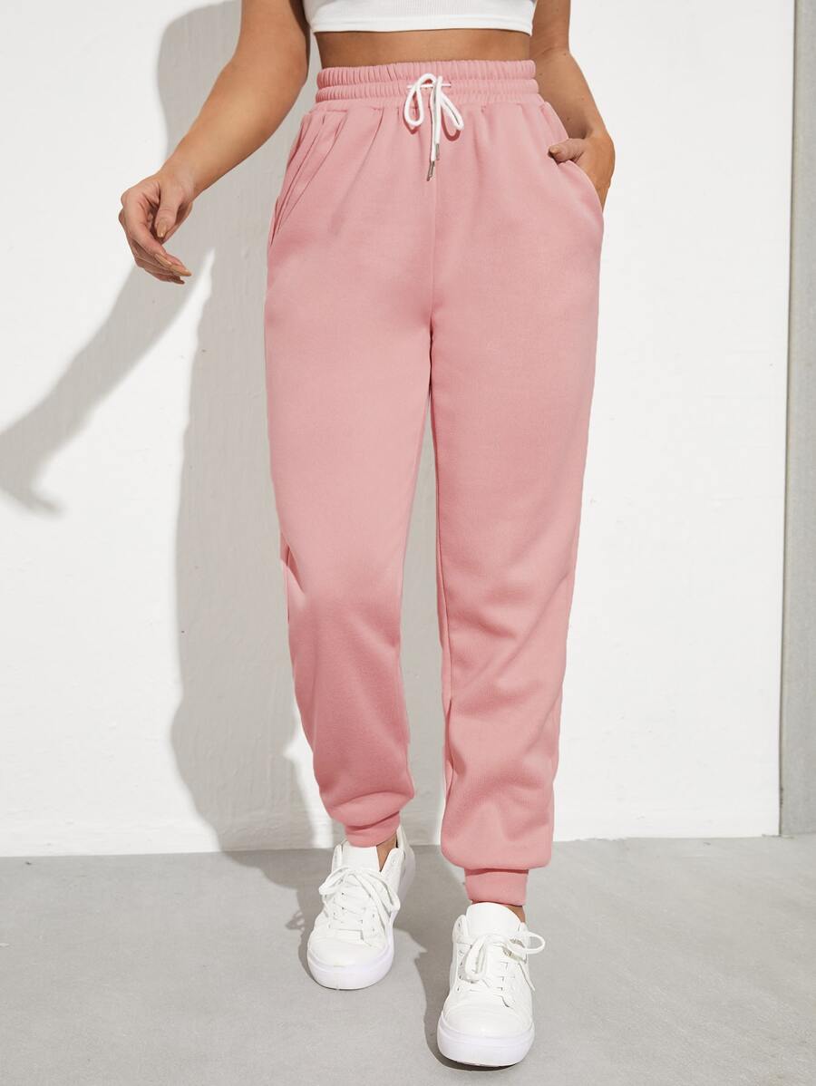 SHEIN EZwear Solid Drawstring Waist Slant Pocket Joggers - Baby Pink - View 1